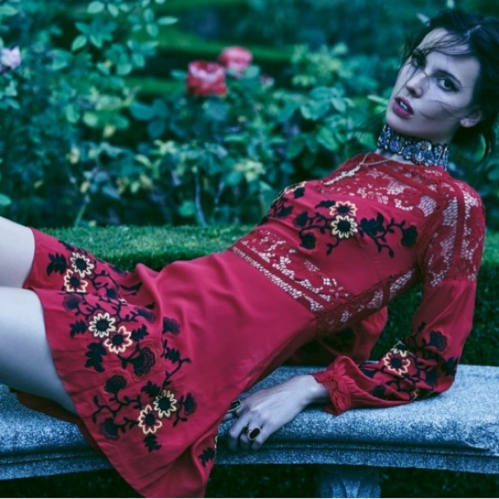 For Love & Lemons Red Long Sleeve Embroidered Lace Mini Dress